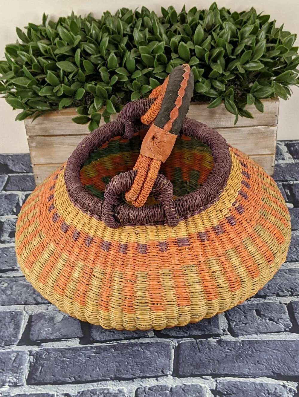 Handwoven African Bolga Basket w/ Wrapped Leather Handle